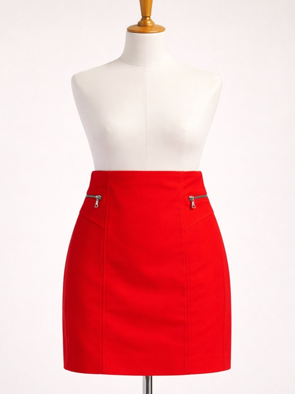 Express Red High Waisted Mini Skirt | Bodycon Pencil | Zipper Detail